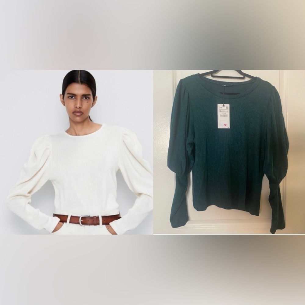 (NWT) Zara Ribbed Blue Green Teal Balloon Sleeve Top, Size Xtra Large